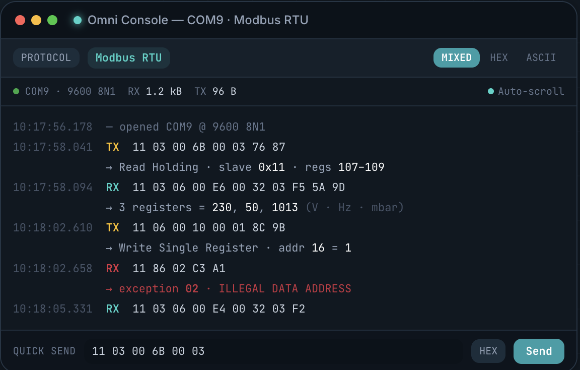 Real-time monitoring and decoding of Modbus RTU traffic in OmniConsole